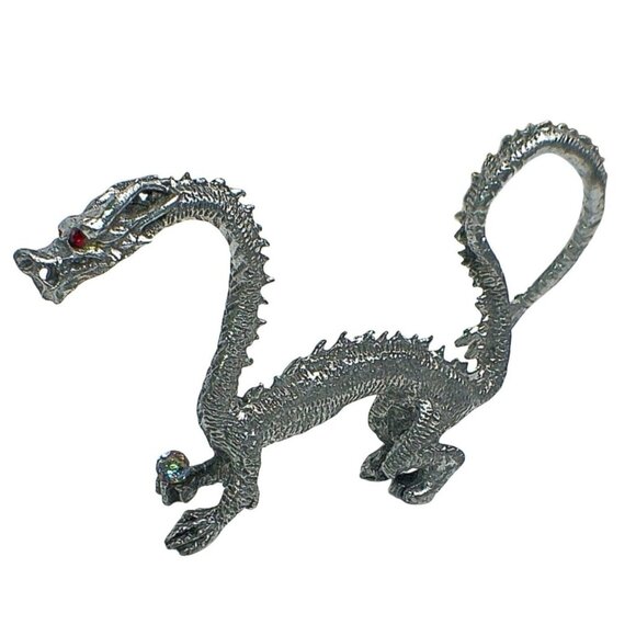 Vintage Pewter Dragon Figurine With Rainbow Crystal Sphere & Red Eyes - Picture 1 of 5